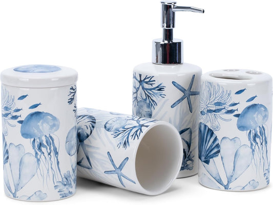 NAT & Jules Chic Modern Rounded 4.5 inch Ceramic Bathroom Accessories Set of 4 - Home Décor & Organization Perfect for Bath or Kitchen Household Essentials, Beach Nautical Blue & White
