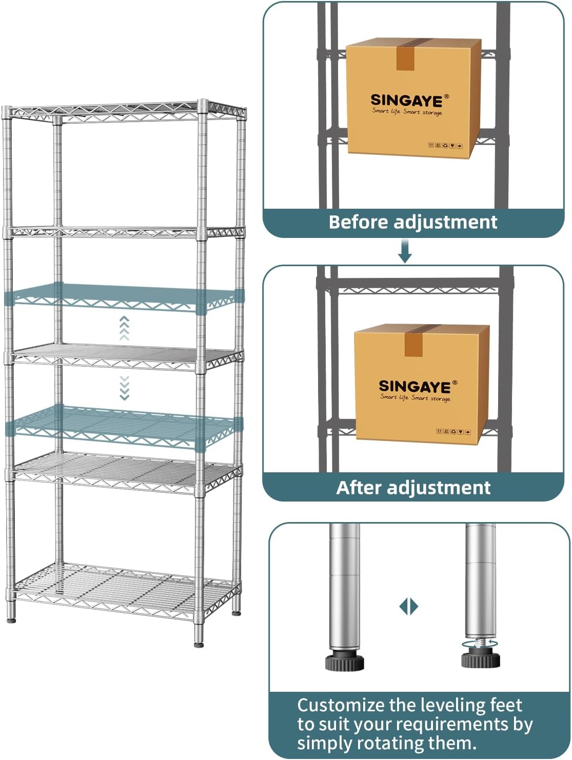SINGAYE 5 Tier Storage Garage Shelving Units Heavy Duty Wire Shelves Pantry Metal for Pantry Closet Kitchen Laundry Bathroom Organizers Shelf Home Shorage Gray