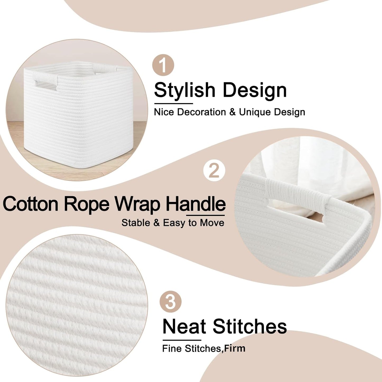 OIAHOMY Storage Cubes 11 Inch - 3 Pack, Cotton Rope Woven Baskets for Organizing, Square Storage Baskets for Shelves Organizer, Classroom, Kids Toy Bins, Closet, Baby Nursery-White