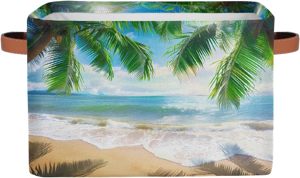 Beach Tropical Coconut Tree Storage Basket for Shelves, Storage Bins with Handles, Collapsible Basket for Organizing, Closet Toy Baskets for Nursery Room, 15x11x9.5 in, Canvas, Summer Beach