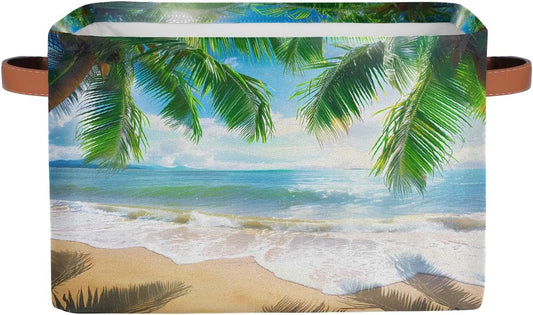 Beach Tropical Coconut Tree Storage Basket for Shelves, Storage Bins with Handles, Collapsible Basket for Organizing, Closet Toy Baskets for Nursery Room, 15x11x9.5 in, Canvas, Summer Beach