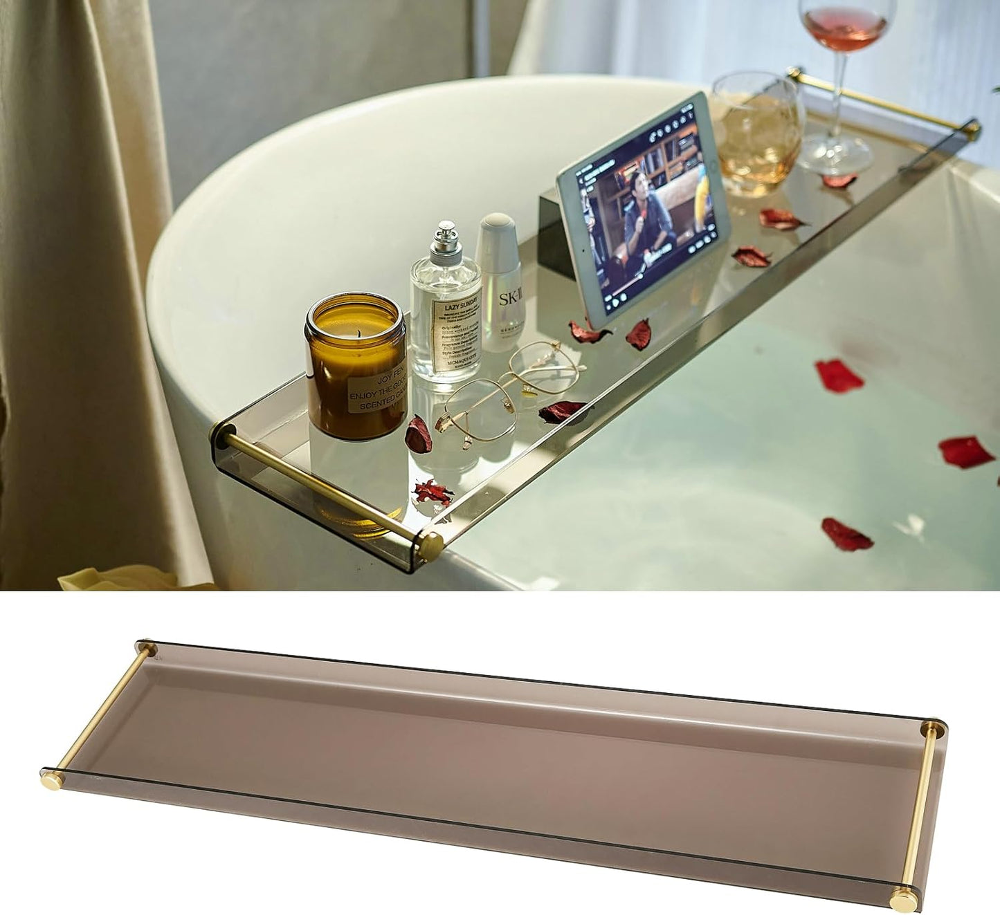 Acrylic Bathtub Tray Caddy, Clear Bath Shelf Tub Rack with Golden Handle, Luxury Bathroom Organizer Tablet Holder (Transparent Black) SHUNLI