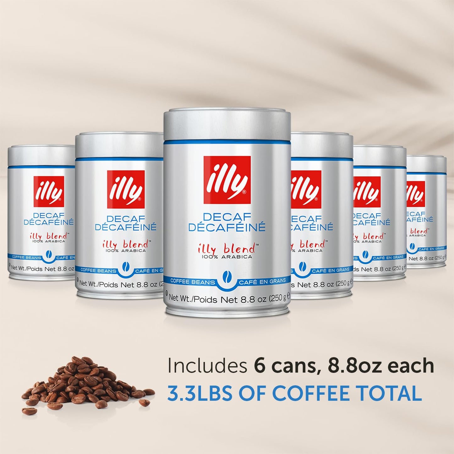 Illy Whole Bean Coffee, Decaffeinated - Medium Roast - Mild & Balanced - 100% Arabica - Whole Beans - Pressurized Packaging Sealed for Freshness - 8.8oz can (Pack of 6)