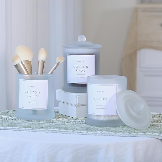 3 Pack Qtip Holder Dispenser, 16oz Bathroom Organizer and Storage Canisters, Glass Apothecary Jars with Lid - Home Decor, Room Decor Aesthetic (Frosted White)