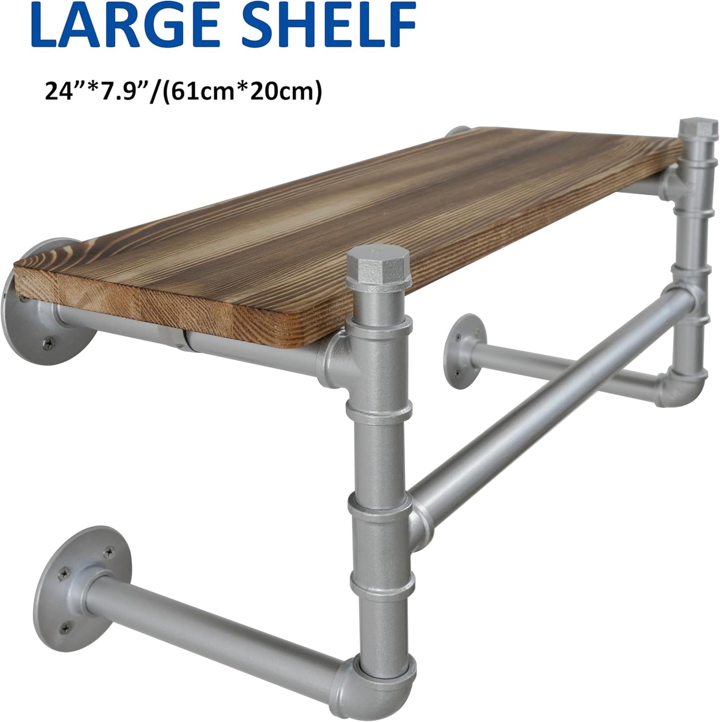 WEBI Wall Mounted Clothes Rack with Shelf,24" Industrial Pipe Clothing Rack with Shelf with Hanging Rod,Heavy Duty Iron Garment Rack Bar,Retail Display Clothes Rod for Laundry Room,Closet,Silver