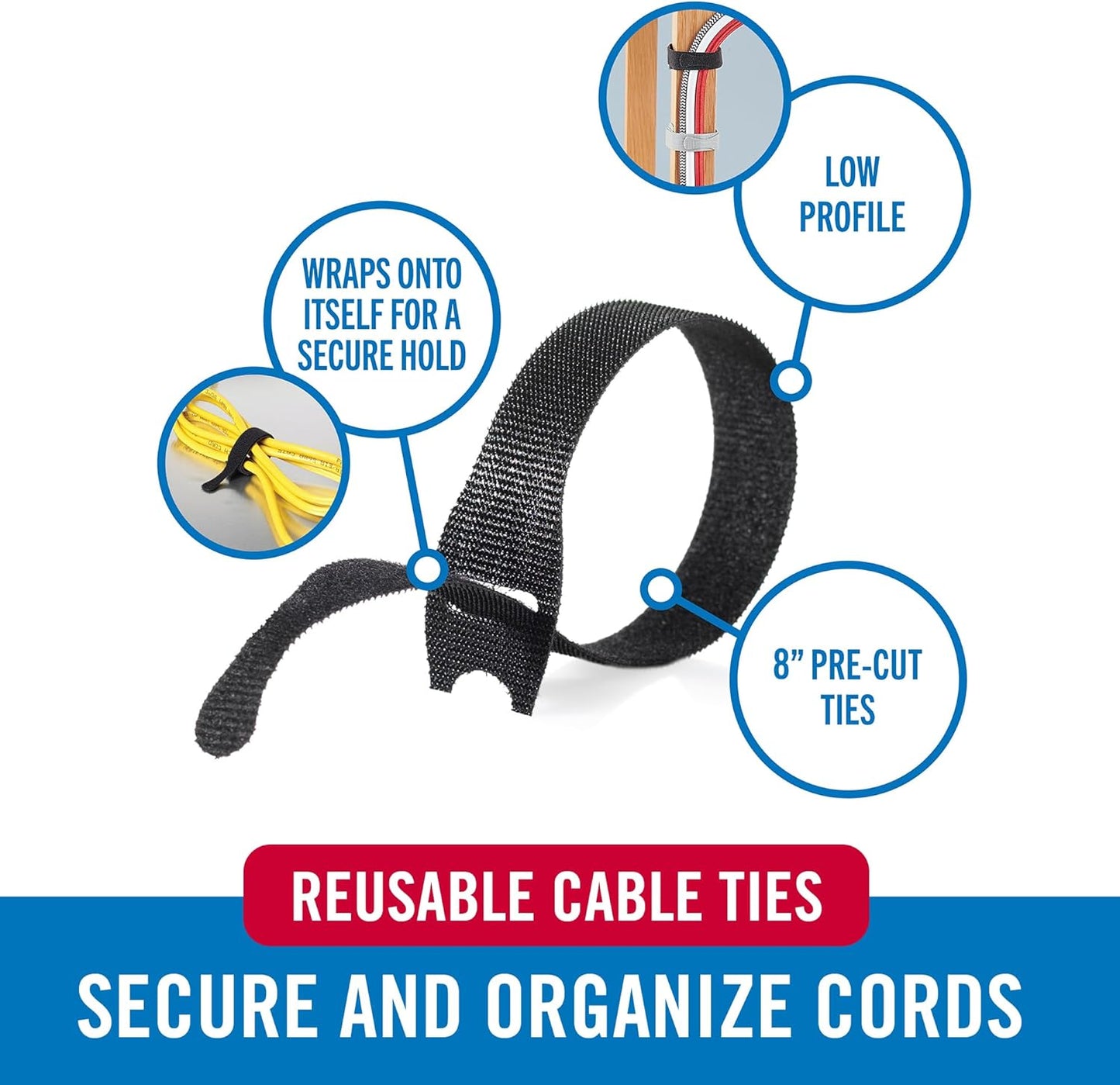 VELCRO Brand ONE-WRAP Cable Ties, 100Pk, 8 x 1/2" Black Cord Organization Straps, Thin Pre-Cut Design, Wire Management for Organizing Home, Office and Data Centers