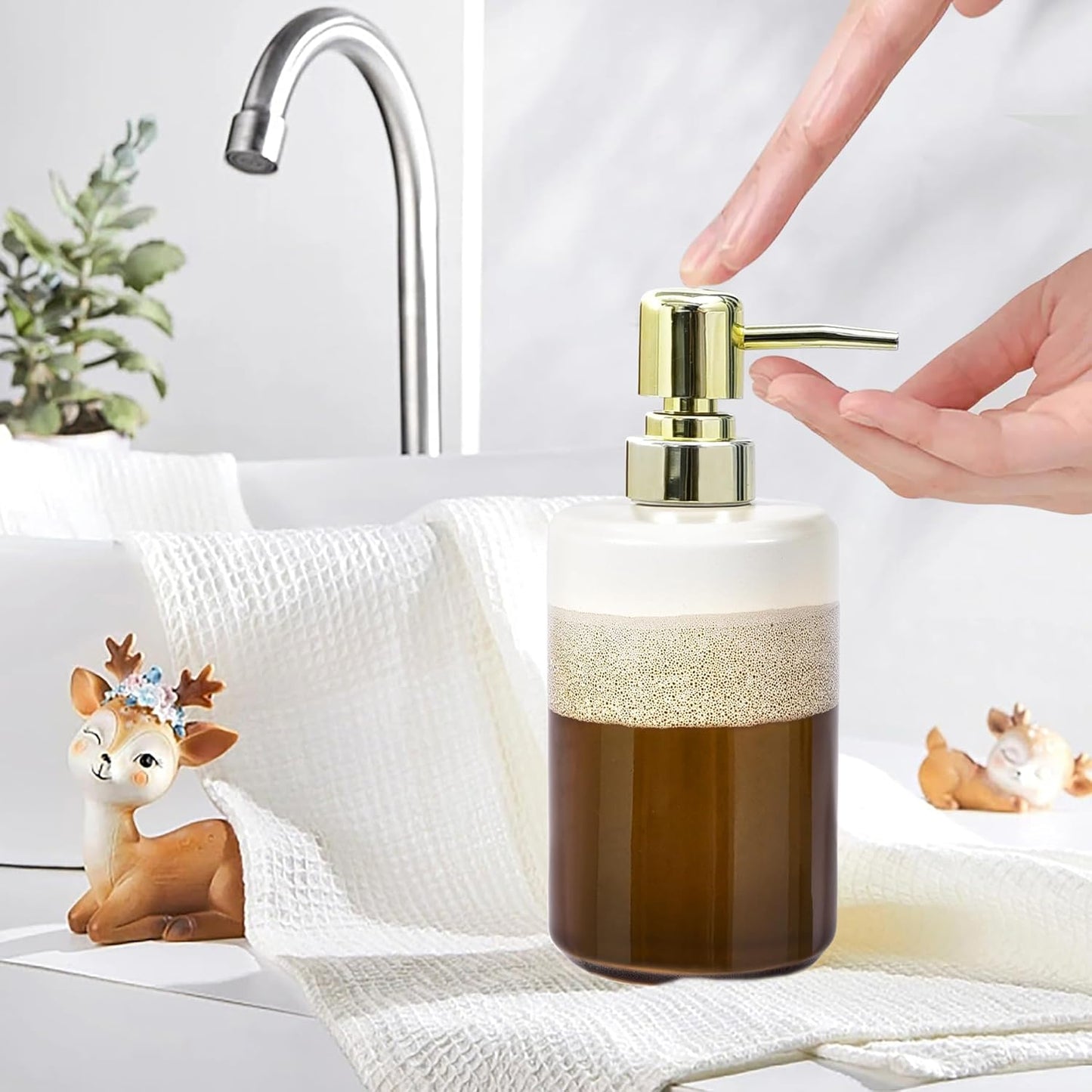 Bathroom Accessories Set of 3, Natural Reactive Glaze Ceramic Bathroom Sets Complete-Toothbrush Holders, Soap Dispenser, Soap Dish, Luxury Bathroom Decor, Bathroom Countertop Organizer, Brown Gold