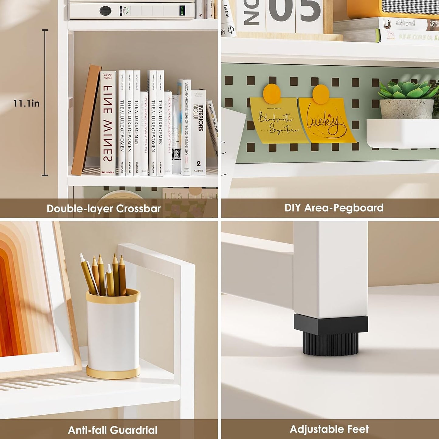 Desk Shelf, 35.43" Desk Hutch Bookshelf, Desktop Shelf with Pegboard for Computer Monitor, Metal Desktop Hutch Storage Organizer for Dorm Home Office, 2 Tier Bookcase, White