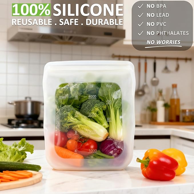 100% Silicone Gallon Freezer Bags, Extra Large Reusable 1 Gallon Silicone Storage Bags Stand-Up Zip-Lock Leakproof for Bulk Food & Large Portions, Freezer Microwave Sous Vide Dishwasher Safe, 2 Pack