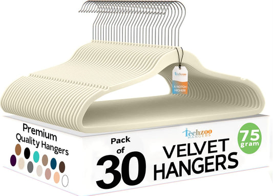 Premium Velvet Hangers 30 Pack Ultra Thin Non Slip Adult Felt Space Saving Suit Hanger for Closet Heavy Duty Coat Pants Jackets Dress Hangers 360° Swivel Hook Hold Upto 10 lbs Ivory