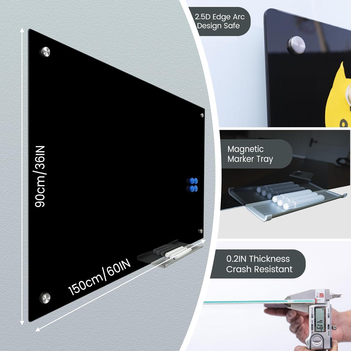 Magnetic Glass Dry Erase Board White Board Wall Mounted Whiteboard, Large Frameless White Board (Glassboard Black, 60" W x 36" H)