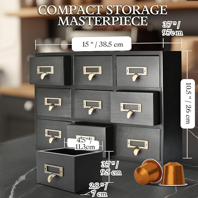 Flexzion Apothecary Cabinet with Drawers - 9 Vintage Apothecary Drawers Desktop Organizer for Home & Office - Wooden Tabletop Library Card Catalog Cabinet Storage for Jewelry, Makeup & Tools, Black