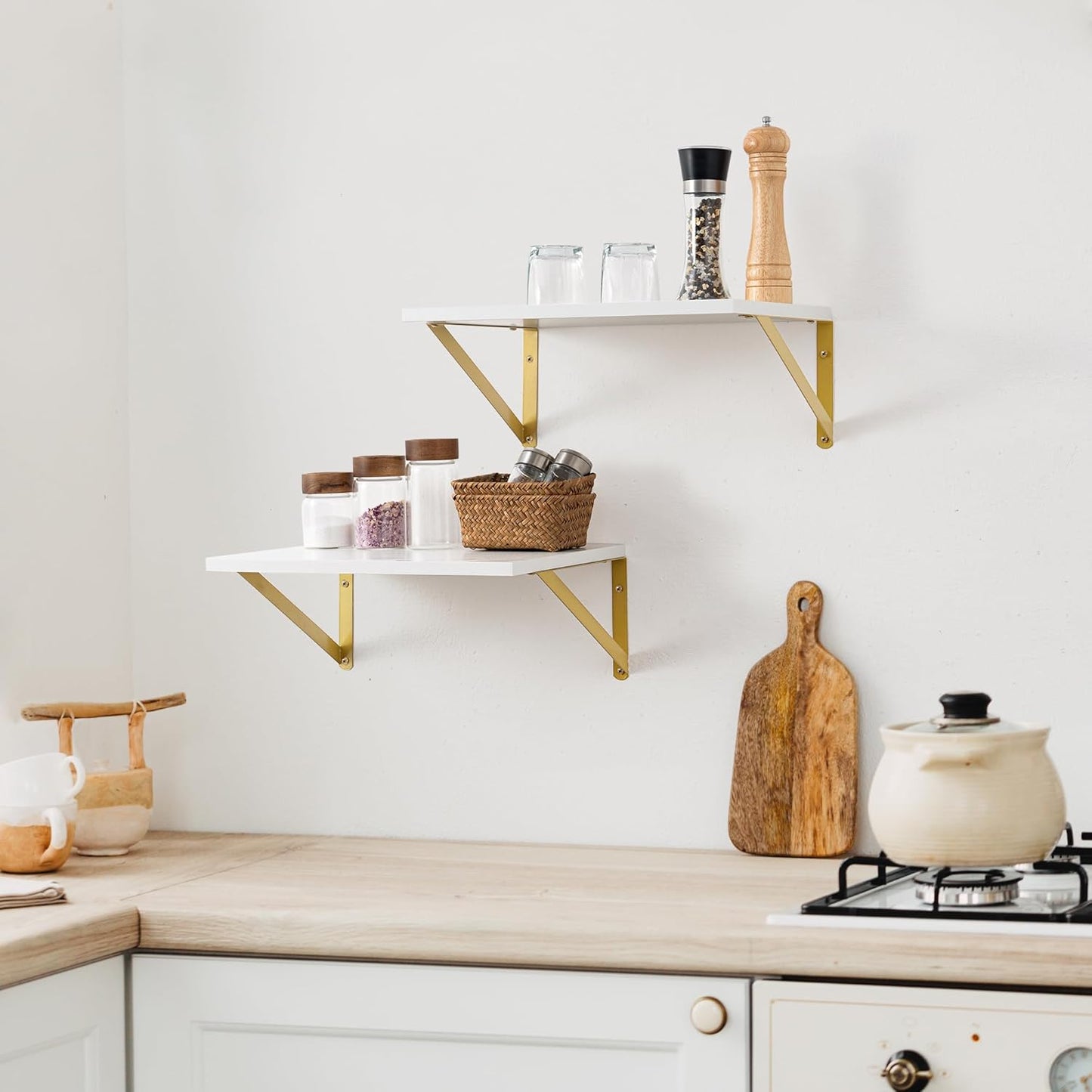 Axeman Deep Floating Shelves for Wall, 12 Inch Deep White and Gold Shelves Set of 2, 16W x 12D White Wood Wall Shelves with Golden Brackets for Bedroom Bathroom Living Room Kitchen - White & Gold