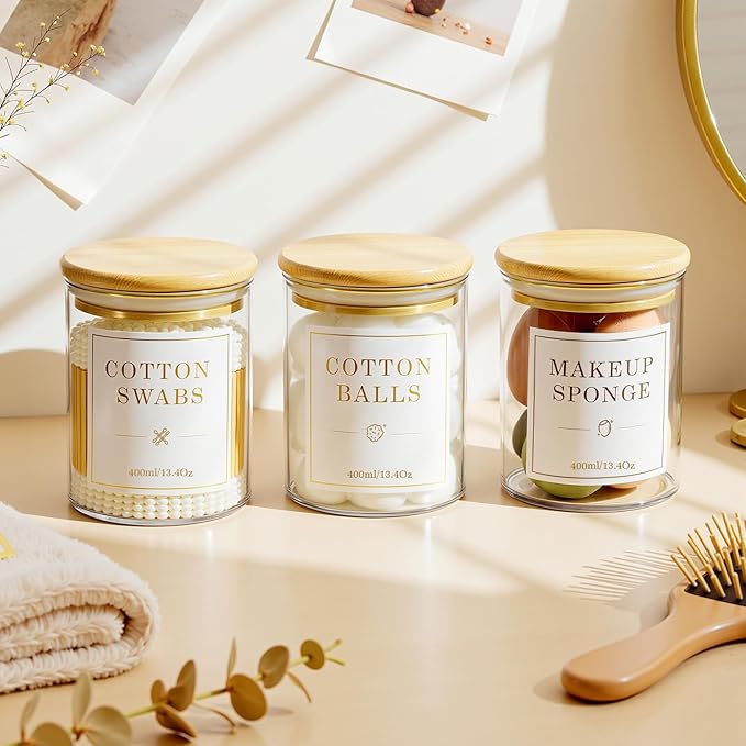 Luxspire 3 Pack Glass Qtip Holder Dispenser, 13.4 oz Cotton Swab Holder with Bamboo Lids, Glass Apothecary Jars Bathroom Accessories Canisters for Cotton Swabs, Balls, Pads, Floss Picks