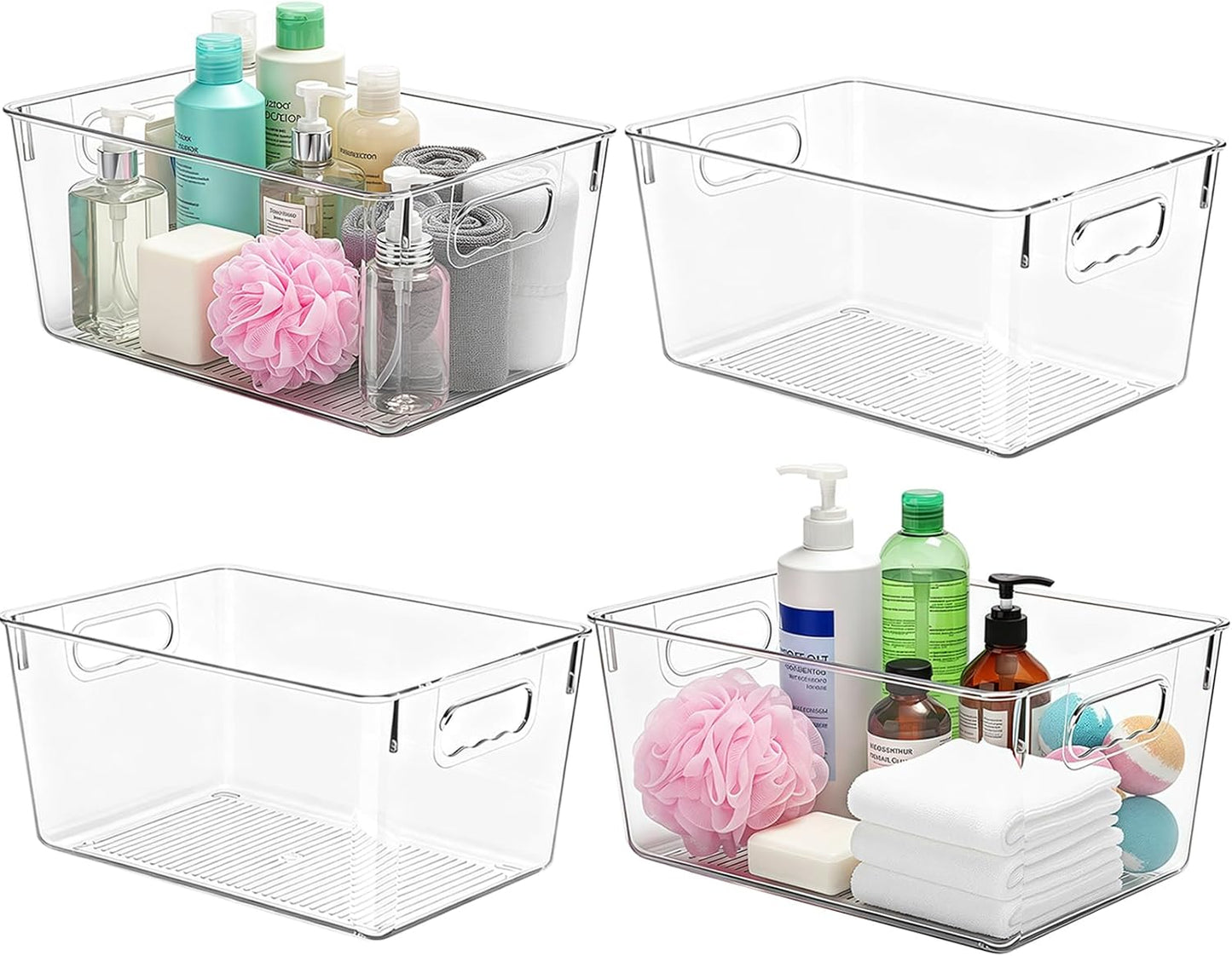 Clear Plastic Storage Bins, 4 Pack Pantry Organizers & Storage Containers, Cabinet Organizer, Home Organization Must Haves for Kitchen, Laundry Room, Office, Closet & Freezer