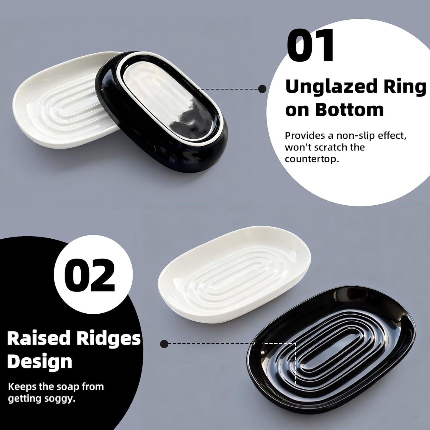 Ceramic Soap Dish for Bath Sink- Modern Black Bar Soap Holder for Shower - Easy to Clean Multi-Purpose Oval Soap Dishes for Soap Bar, Sponges, Jewelry, Small Items | Fits Bathroom & Kitchen