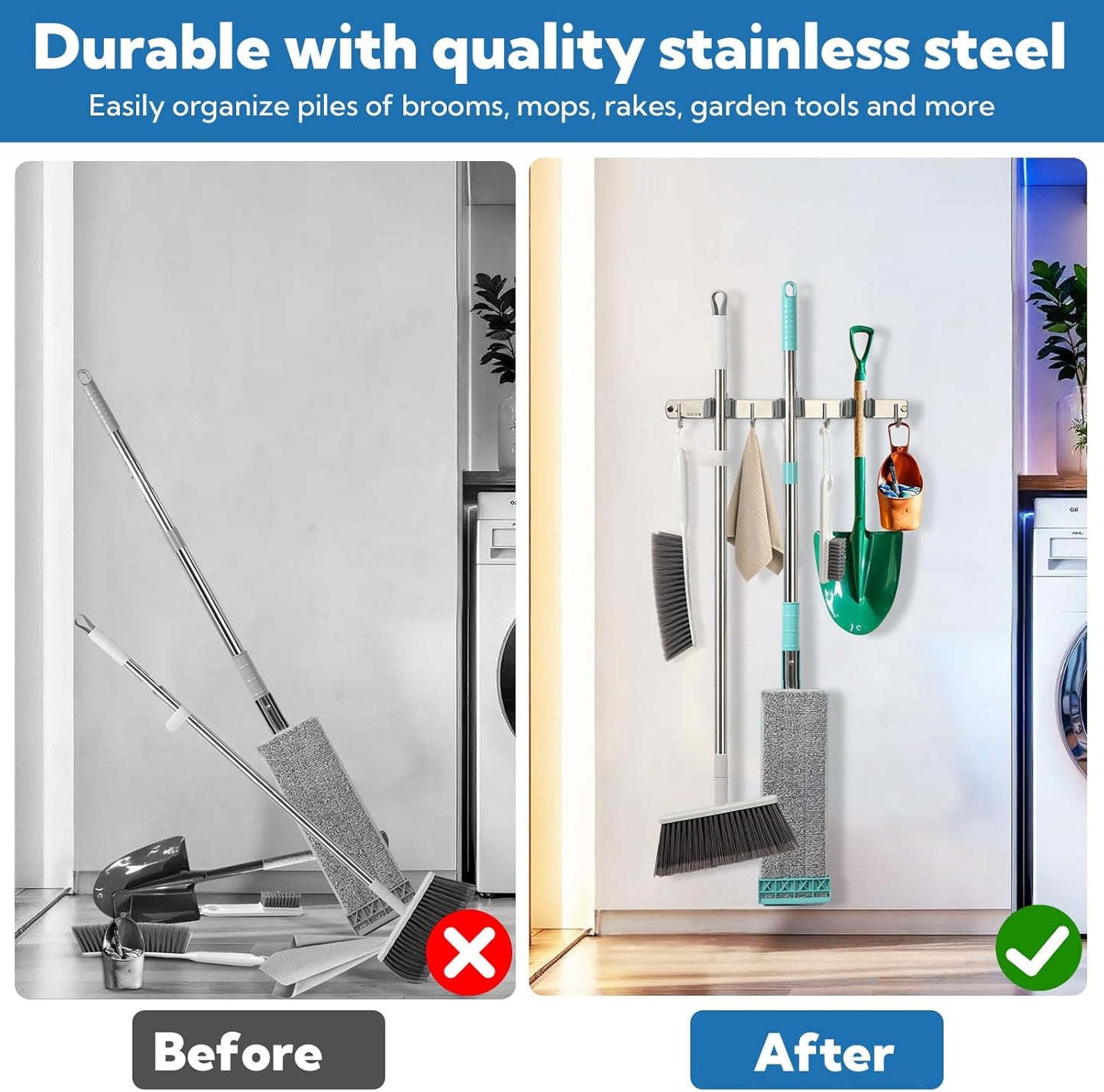 3 Pack Silver Mop and Broom Holder Wall Mount Self Adhesive 3 Racks with 4 Hooks Broom Organizer Wall Mount Stainless Steel Broom Hanger for Home Kitchen Garden Laundry Garage Organization Storage