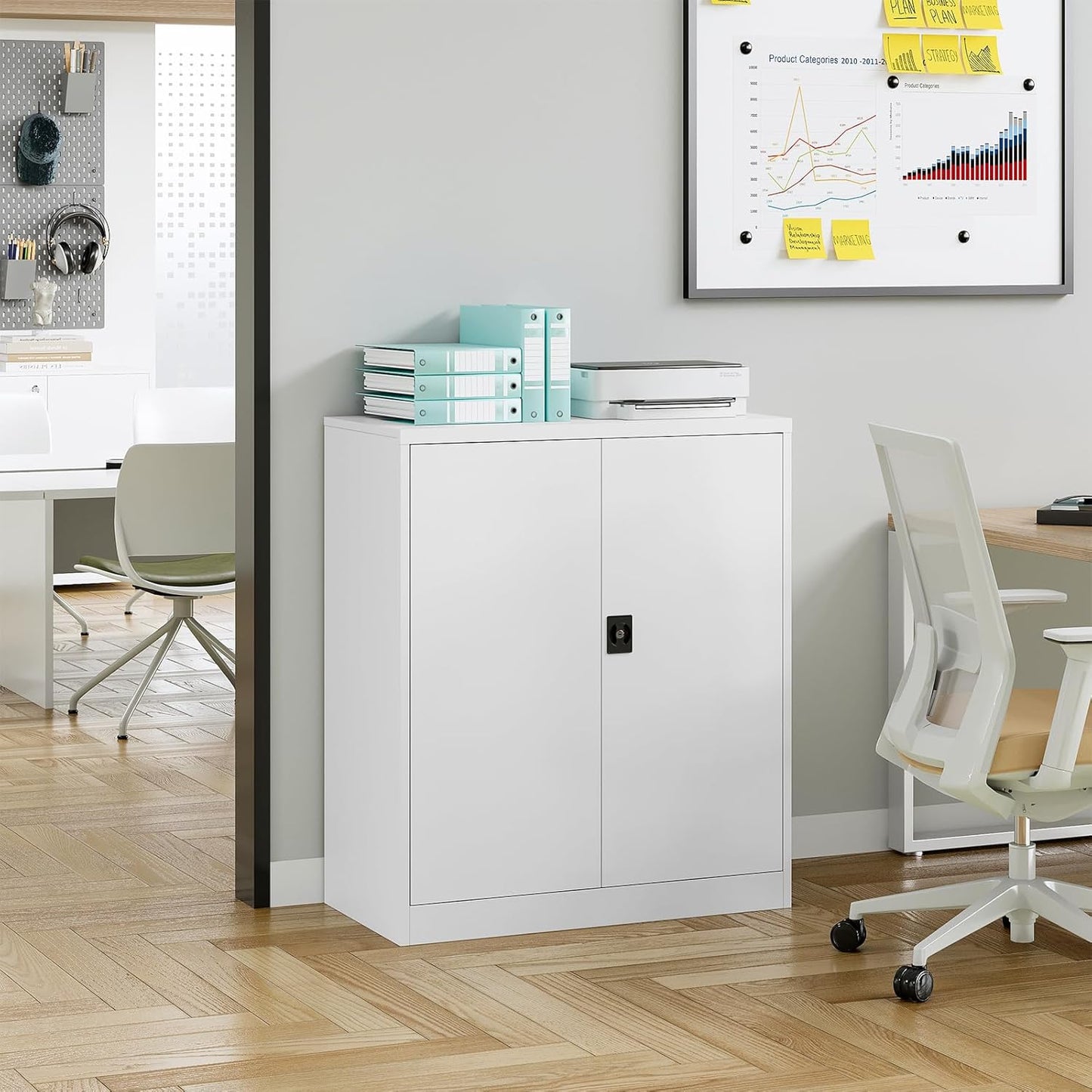 Metal Storage Cabinet, Lockable 2-Door 3-Shelf Cabinet, White, 31.5"W x 15.8"D x 35.5"H, Office, Garage, Home