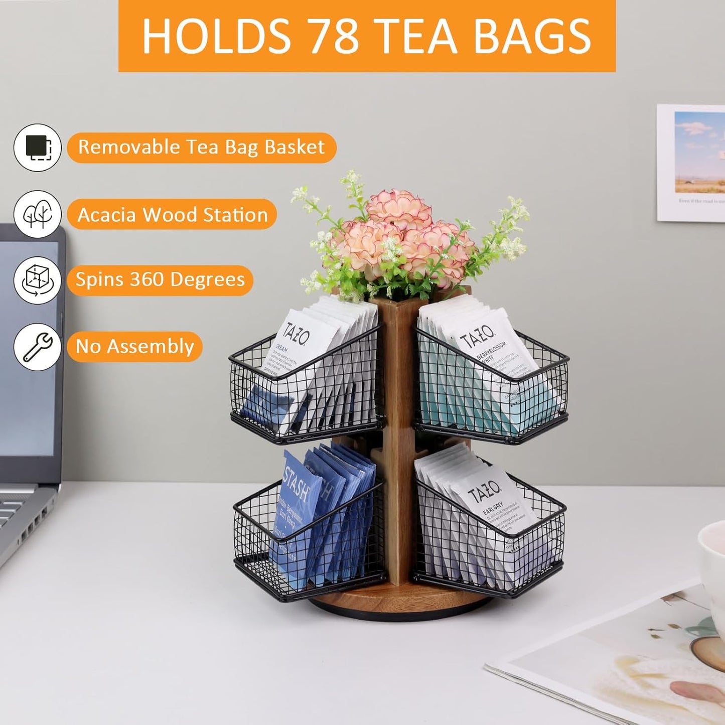 HTB Carousel Tea Bag Organizer for Counter, 2 Tier Tea Bag Holder with 6 Removable Tea Baskets and Acacia Wood Station, Tea Organizers and Storage for Cabinet, Countertop