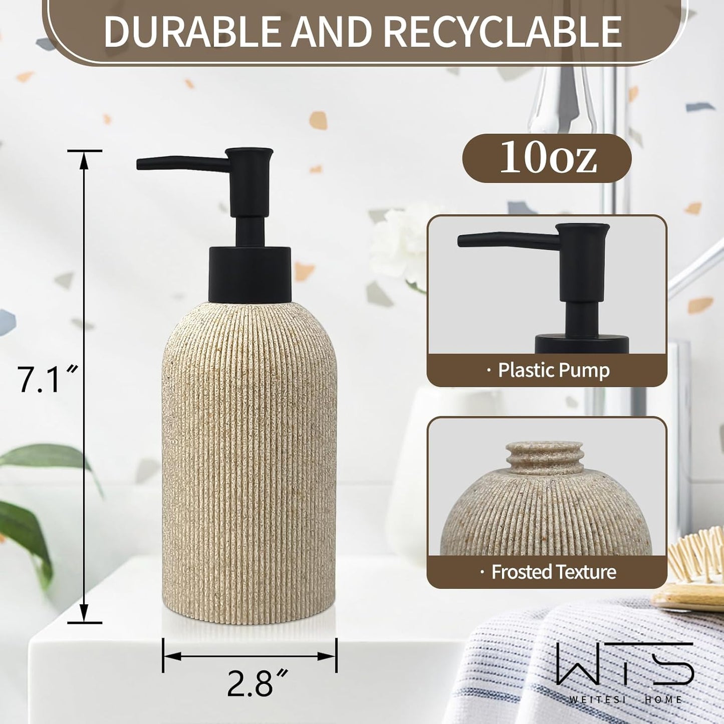 Hand Soap Dispenser for Bathroom and Kitchen Countertop, 10 oz Resin Soap and Lotion Dispensers Set with Plastic Rust Proof Pump, Boho Refillable Liquid Dish Soap Dispensers Bottle,Beige