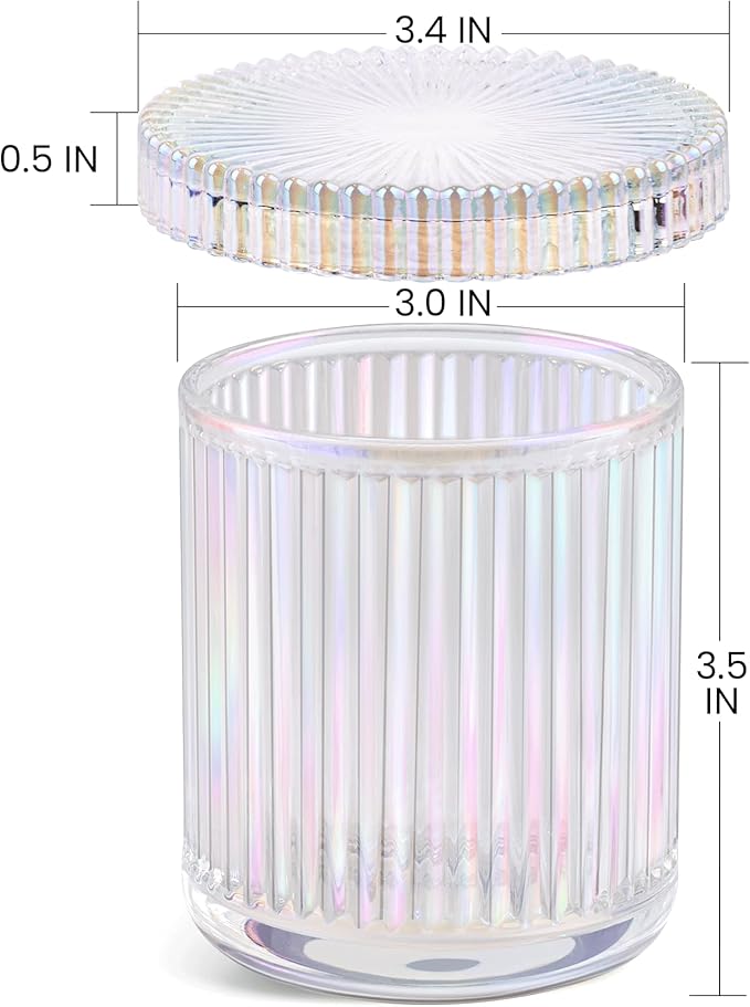 2 Pack Qtip Holder - Apothecary Jars with Lids, Bathroom Organizers and Storage Canister for Cotton Balls,Swabs,Floss Picks,Hair Ties,Clear Glass Vintage Bathroom Decor Jar Set (Iridescent)