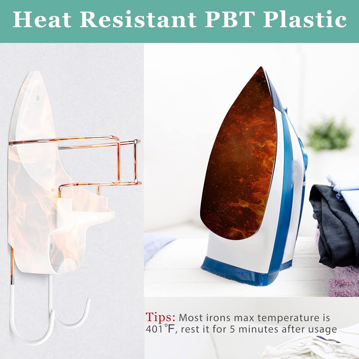 Wall Mount Iron Board Hanger and Ironing Board Storage Organizer Shelf With Removable Hooks for Household Bathroom Laundry Room (White)