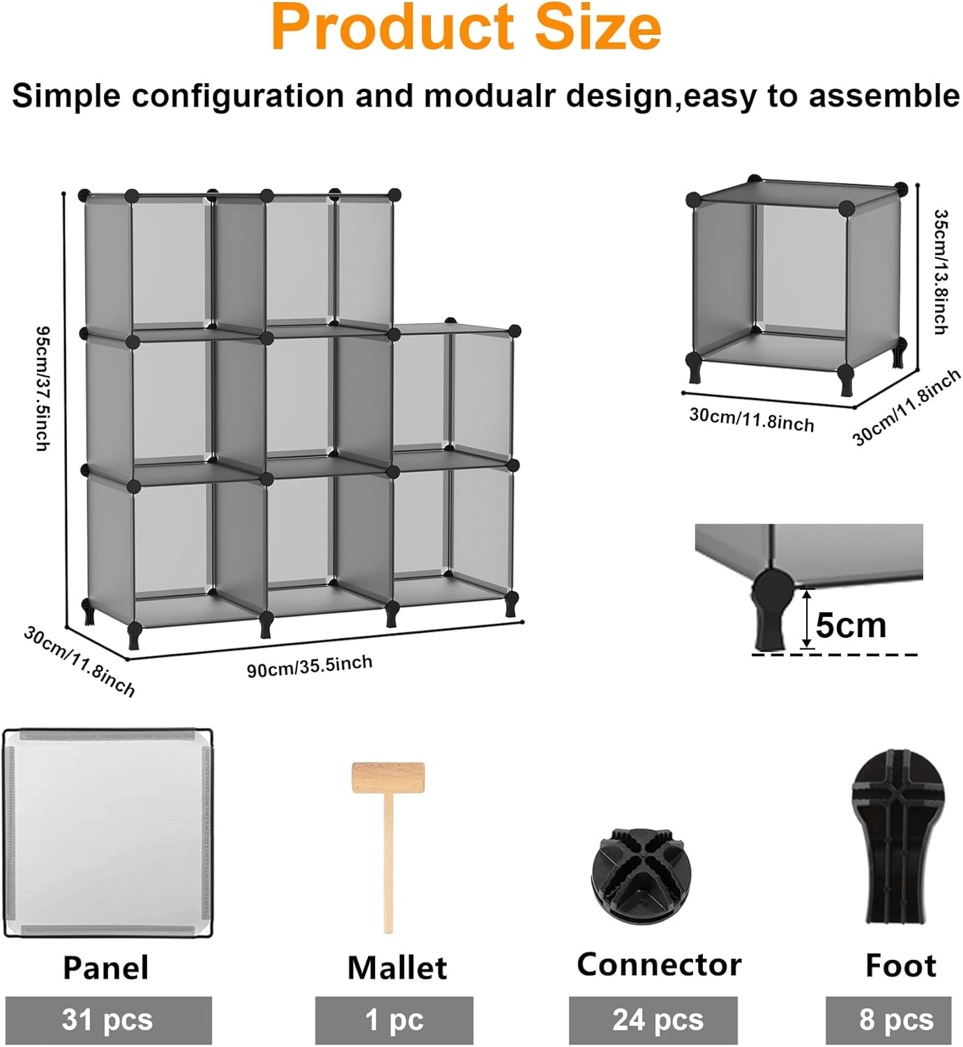 AWTATOS 8 Cube Storage Organizer, Closet Organizer Storage Shelf, Bookcase Bookshelf, DIY Stackable Storage Cubes Shelves for Closet, Bedroom, Home, Office, Grey