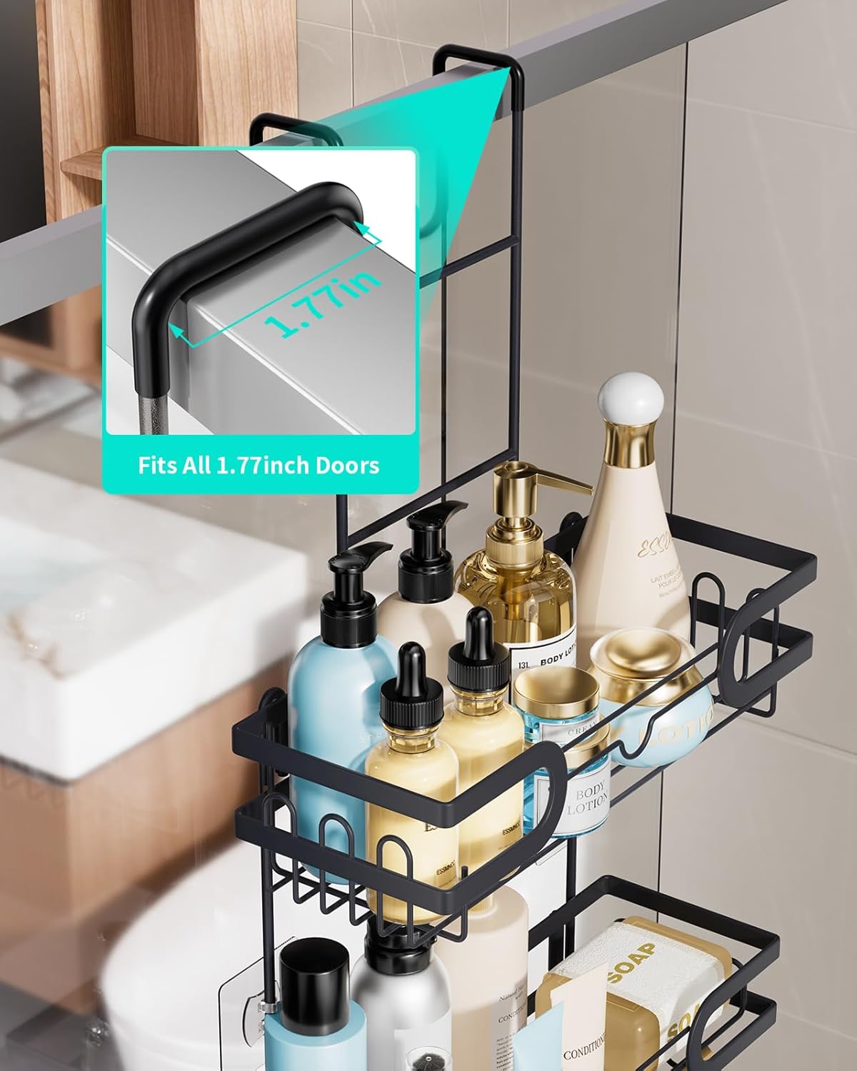 HapiRm Hanging Shower Caddy Over the Door with 14 Hooks and Soap Holder, No Drilling Adhesive Shower Storage, Rustproof & Waterproof Stainless Steel Bathroom Shelves - Black