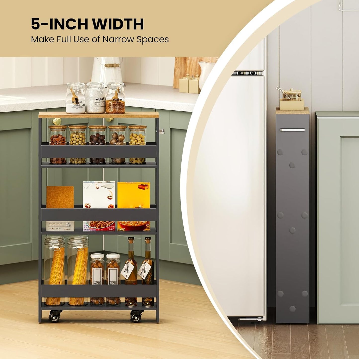 Small Kitchen Cart, 4-Tier Slim Rolling Island w/Handle, Laundry Room Storage Organizers Between Washer and Dryer, Narrow Spice Rack on Wheels Next to Fridge (Gray, 5'')