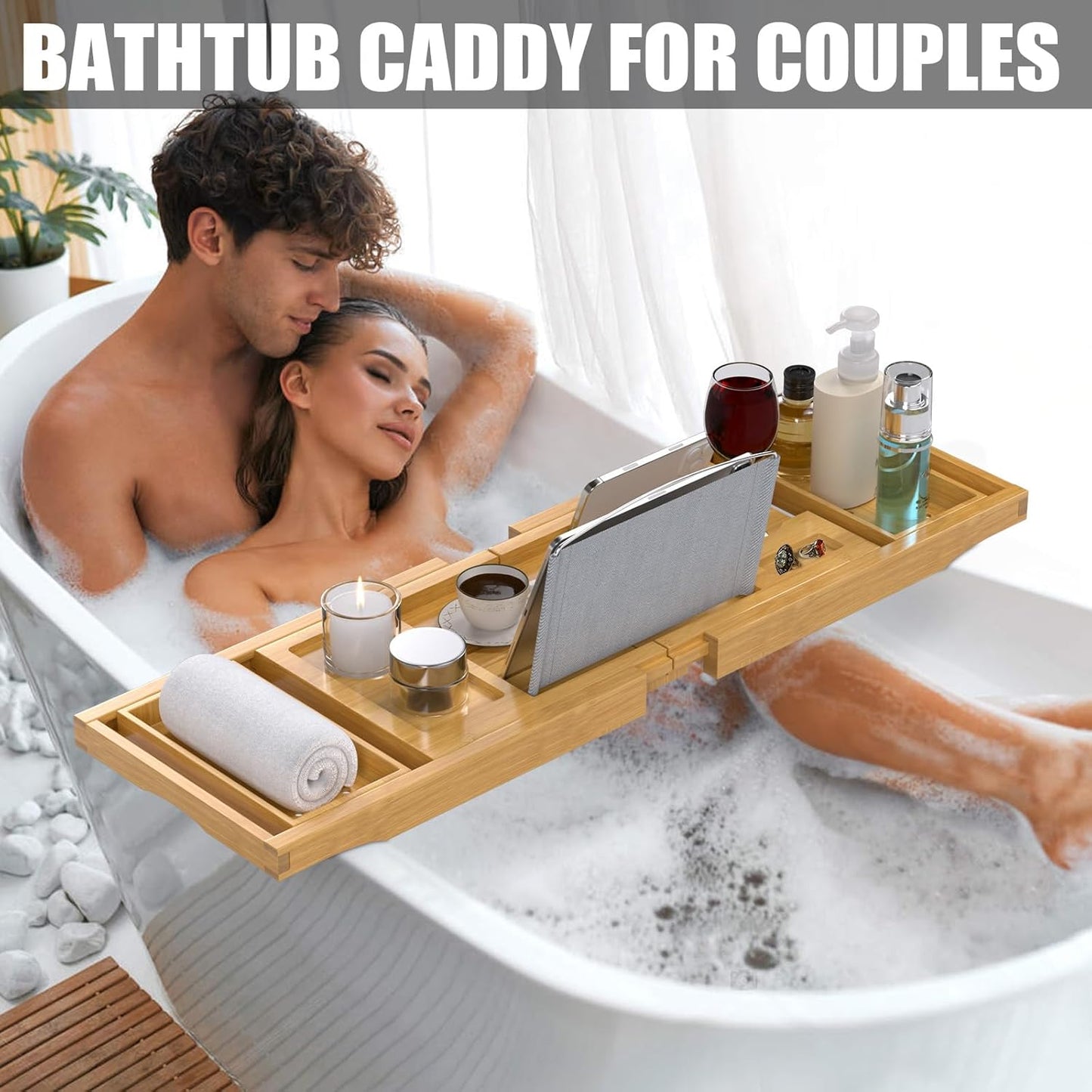 Bathtub Tray Caddy, Expandable Bath Trays for Tub, Bamboo Shelf & Table with Wine Glass Holder,Bathroom Accessories for New Home & Mothers Day & Birthday Gifts for Mom