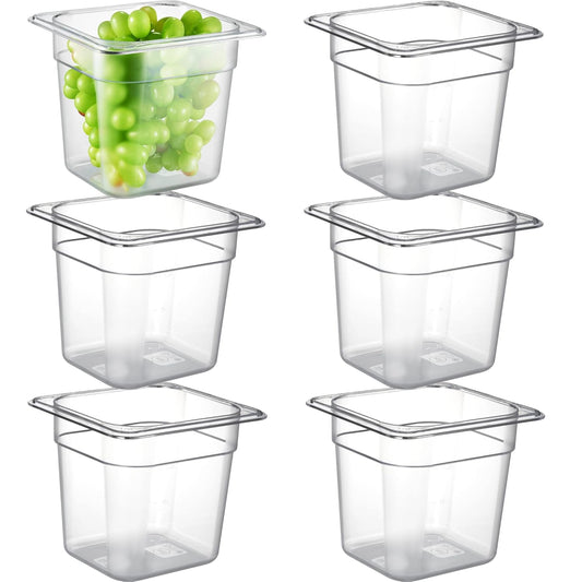 CURTA 6-Pack 1/6 Size 6" Deep NSF Polycarbonate Food Pans | Dishwasher & Freezer Safe Clear Container for Prep Tables, Buffet, Salad Bar, Commercial & Home Kitchen