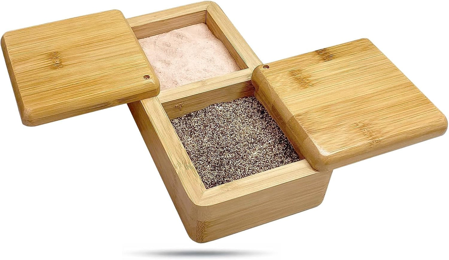 100% Bamboo Dual-Compartment Storage Box w. Lid - 22 oz - Natural Salt Pepper Cellar, Condiment Container, Spice Jar, Office Organizer by The Display Guys