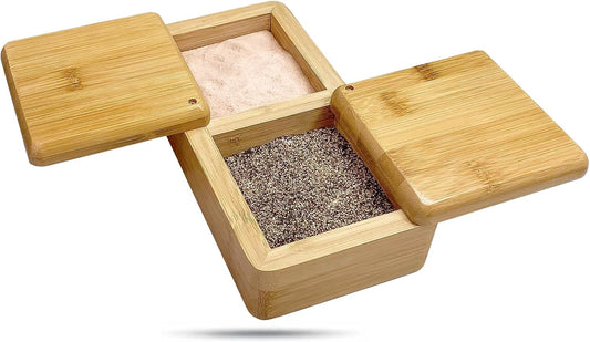 100% Bamboo Dual-Compartment Storage Box w. Lid - 22 oz - Natural Salt Pepper Cellar, Condiment Container, Spice Jar, Office Organizer by The Display Guys