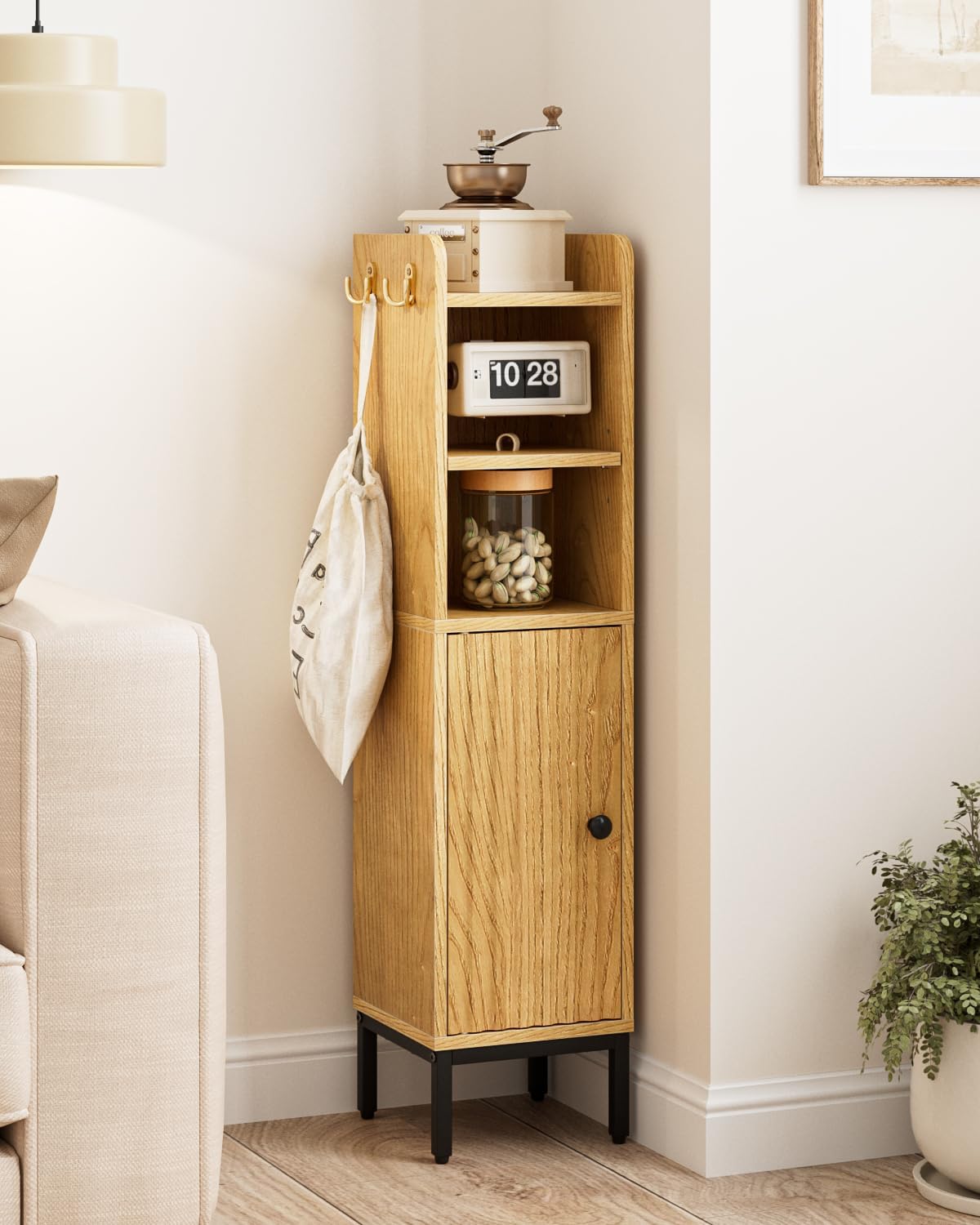 Bathroom Storage Cabinet, Small Corner Floor Hutch with Door and Shelves, Narrow Toilet Paper Cabinet, Bathroom Organizer with Adjustable Shelf, for Toile、Small Spaces