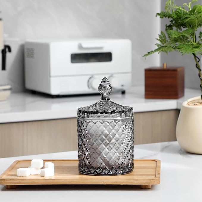 rejomiik Qtip Holder Glass Apothecary Jars with Lid for Bathroom Canisters Dispenser Decor, Storage Organizer for Cotton Swabs, Balls, Pads, Floss Picks, Candy, Grey