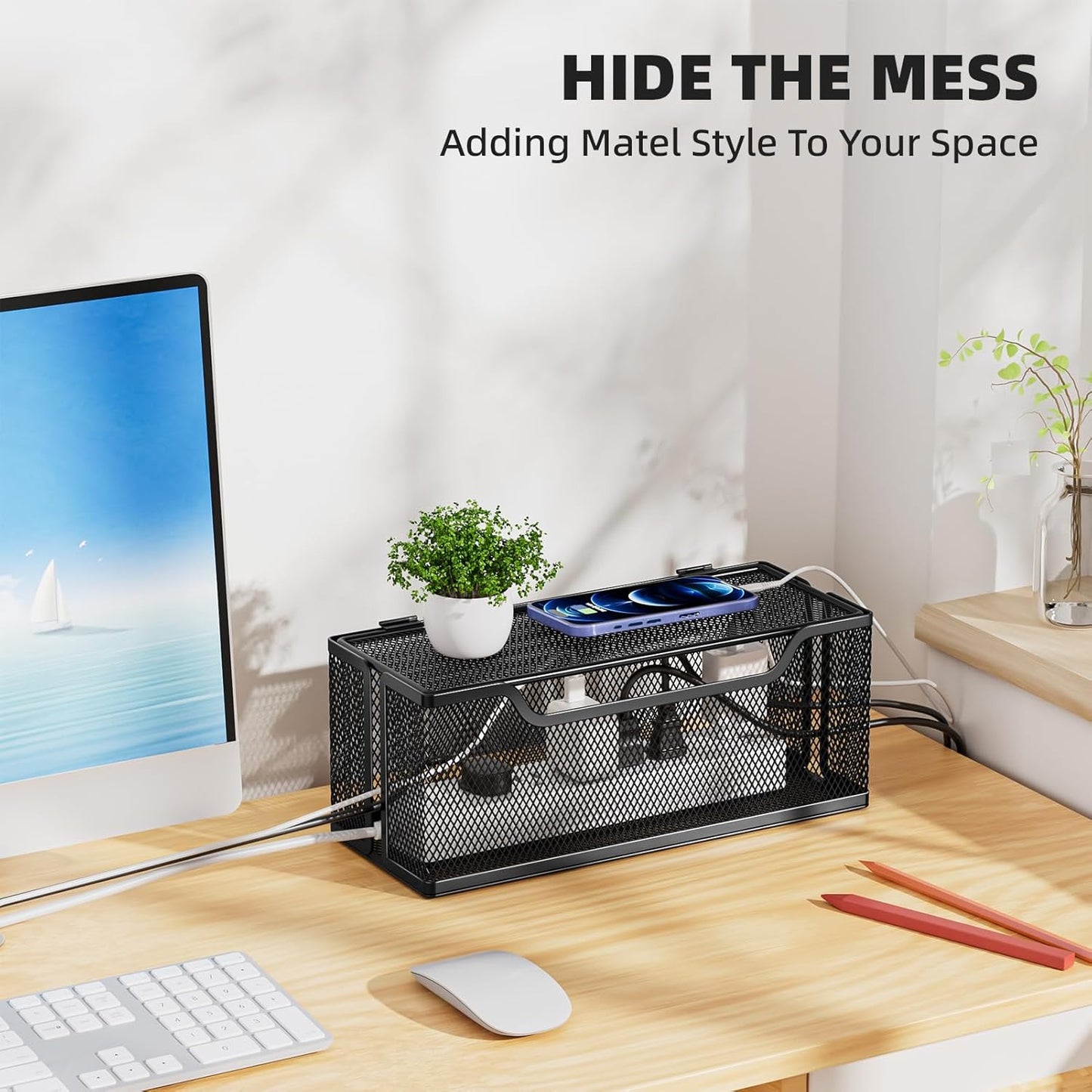 Marbrasse 3 Pack Cable Management Box, Metal Mesh Cord Organizer Box for TV Wires, Electrical Hiding, Power Strip – Under Desk Cable Storage Box with Cable Clips&Reusable Cable Ties for Home/Office