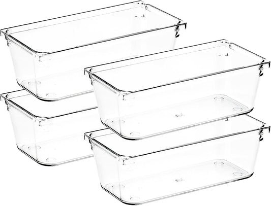 4 Pack Drawer Organizer - 3" X 6" Clear Acrylic Storage Bins with Non-Slip Pads, Versatile Desk Tray for Makeup, Jewelry, Kitchen, Bathroom, and Office Organization