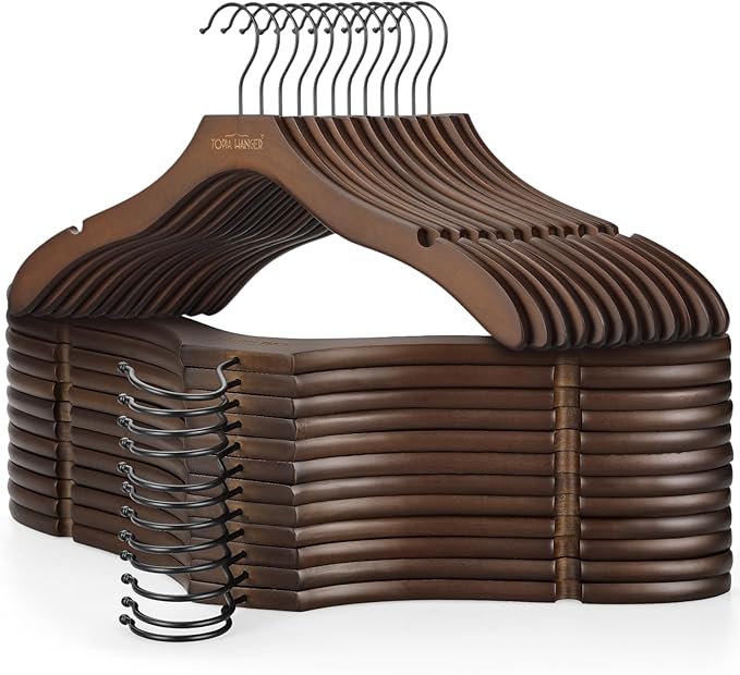 TOPIA HANGER Wooden Coat Hangers 24 Pack, Premium Wood Suit Sweater No Shoulder Bump Hangers, 360° Swivel Hook and Cut Notches Clothes Hangers for Sweater, Hoodie, Shirts, Jacket, Dress, Walnut CT85WA