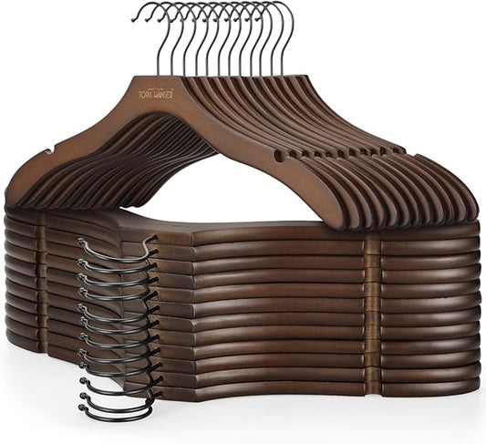 TOPIA HANGER Wooden Coat Hangers 24 Pack, Premium Wood Suit Sweater No Shoulder Bump Hangers, 360° Swivel Hook and Cut Notches Clothes Hangers for Sweater, Hoodie, Shirts, Jacket, Dress, Walnut CT85WA