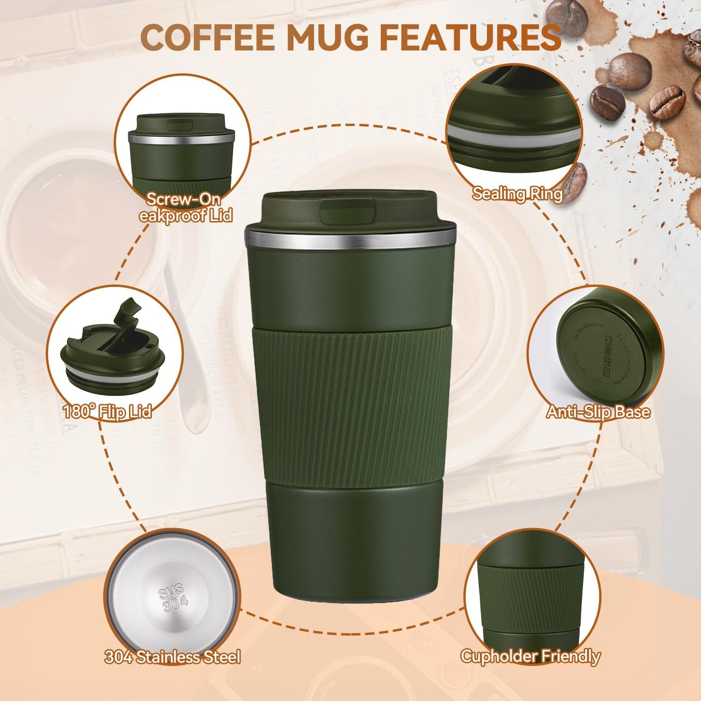 17OZ Travel Coffee Mug Insulated Coffee Cup with Spill Leak Proof Lid, Portable Stainless Steel Tumbler Reusable Hot and Cold Water Mug for Car, Daily, Camping- Military Green