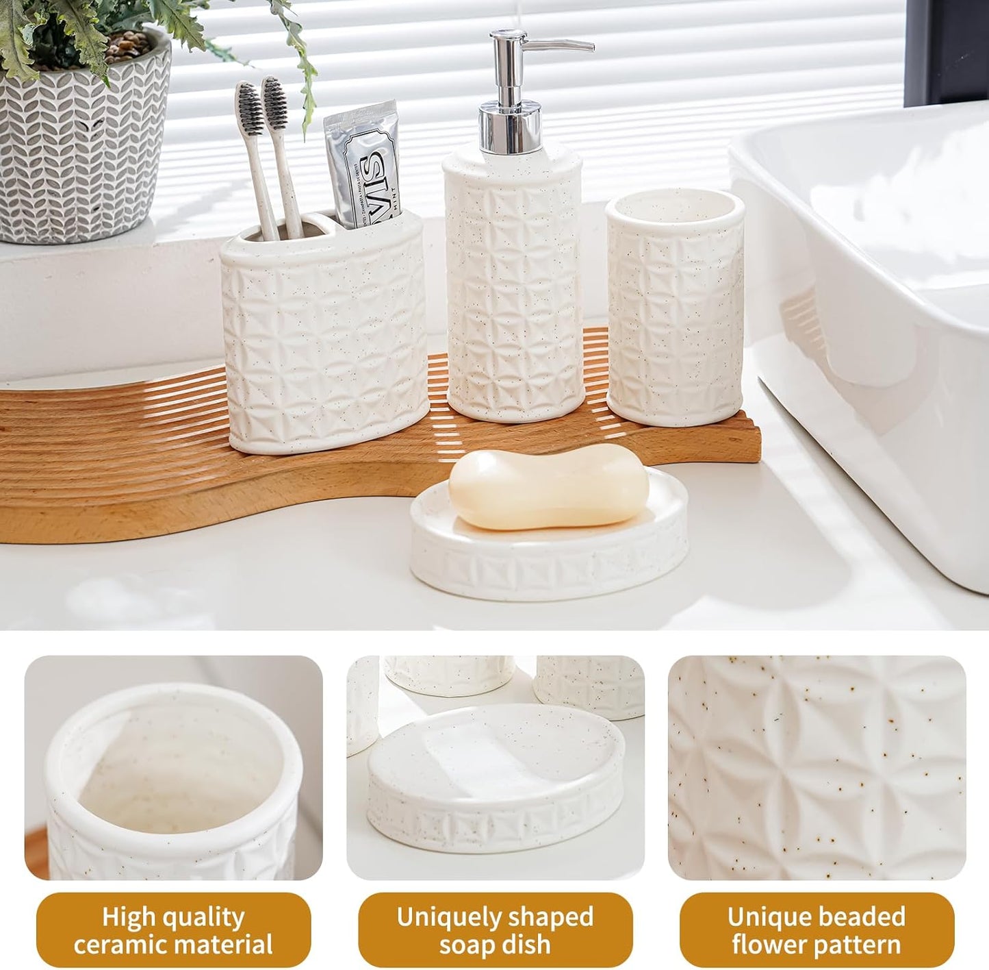 4-Piece Bathroom Accessory Set - White Bathroom Decor for Counter Organization with Soap Dispenser, Toothbrush Holder, Tumbler & Soap Dish, Bathroom Counter Set (Ceramic - Sliver Pump)