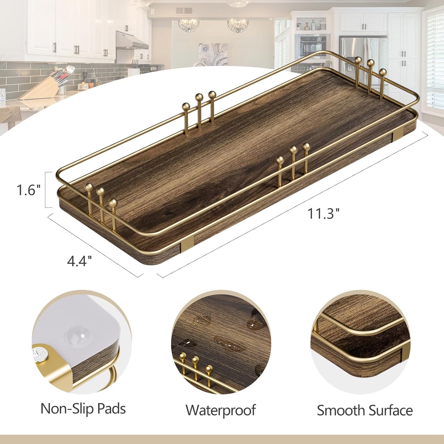 Bathroom Vanity Tray for Countertop Toiletries Perfume Makeup Soap Dispenser Toilet Tank, Kitchen Tray for Salt Spice, Decor Tray for Candle Nightstand Coffee 11.3”x 4.4” Brown-Gold