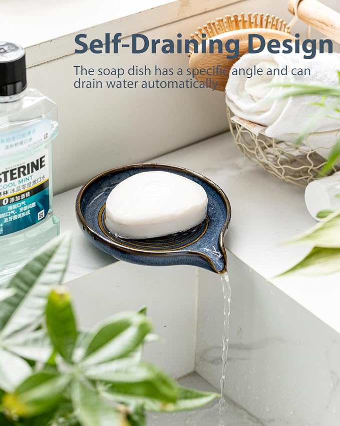 Soap Dishes, Ceramic Shower Soap Dish with Waterfall Design Bar Soap Holder Self Draining Soap Saver for Shower, Bathroom, Sink, Kitchen and Countertop, Blue
