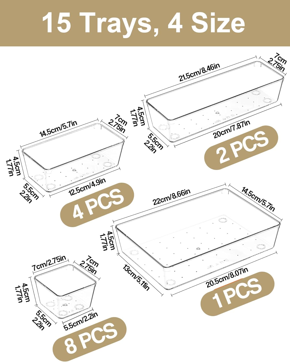 15Pcs Clear Plastic Drawer Organizers Set, 4size makeup drawer organizer trays for vanity/desk/bathroom/office/nightstand/gadgets for kitchen/desk drawer, Versatile drawer divider storage bins
