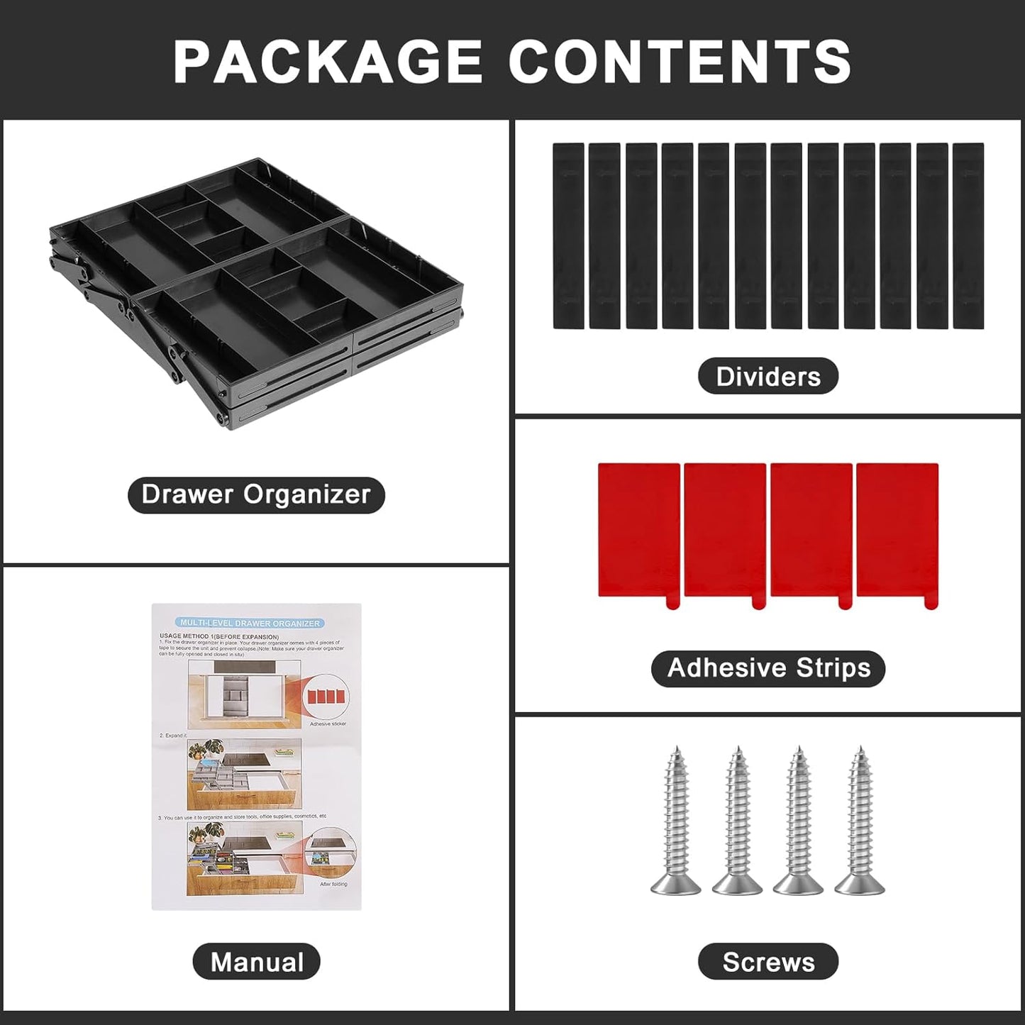 Aobiono Multi Level Smart Drawer Organizer, Multi Tier Expandable Storage Collapsible Foldable Trays for Jewelry, Cosmetics, Makeup, Tools, Battery (Black, Double Row - 2 Levels)