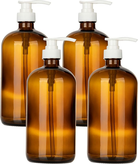 32 Ounce Glass Pump Dispenser Bottle, Large Amber Container with Pump for Shower and Bath Shampoo Soap Conditioner Lotion - 1 Liter - by Kitchentoolz