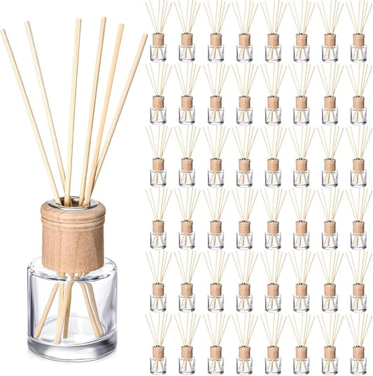 Roshtia 50 Set Reed Diffuser Bottle Empty Refillable Fragrance Glass Diffuser Bottles Set with Wooden Caps Rattan Sticks 50ml 1.7 oz Round Glass Jars for DIY Fragrance