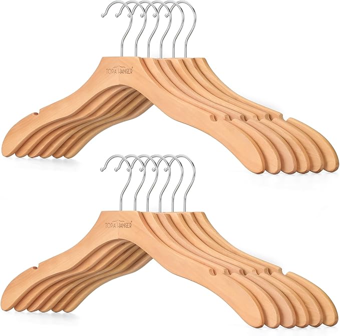 TOPIA HANGER Wooden Coat Hangers 12 Pack, Premium Wood Top Suit Hangers with No Shoulder Bump, 360° Swivel Hook and Cut Notches Clothes Hangers for Sweater, Coat, Shirts, Jackets, Dress, Natural CT84N