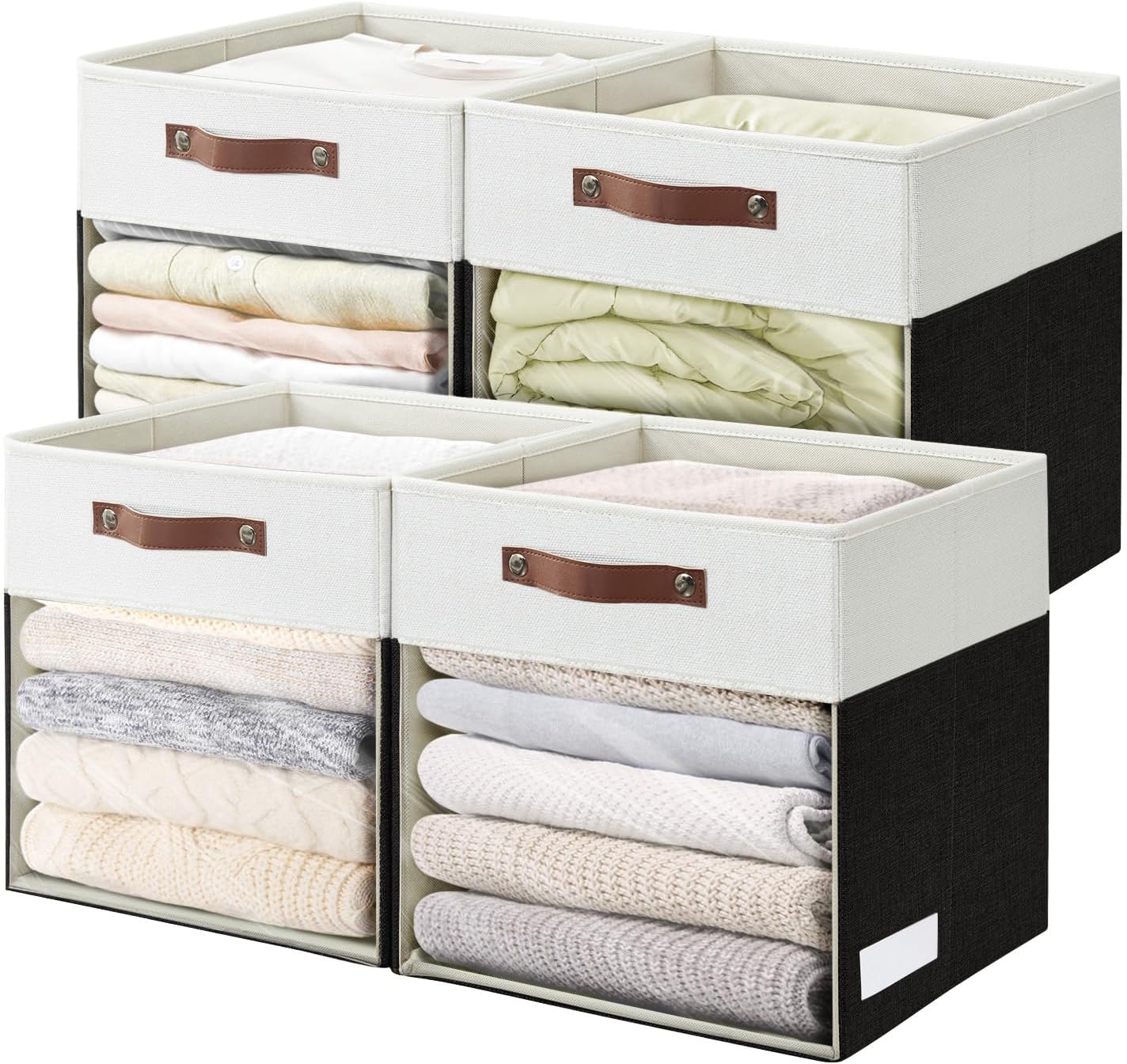 Storage Cubes, 4 Pack Linen Foldable Storage Bins (13 x 13 inch) with Clear Window and Handles, Fabric Organizer for Shelf Closet, Clothes, Books - (Black and White)