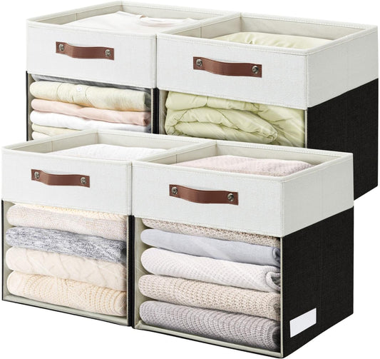 Storage Cubes, 4 Pack Linen Foldable Storage Bins (13 x 13 inch) with Clear Window and Handles, Fabric Organizer for Shelf Closet, Clothes, Books - (Black and White)